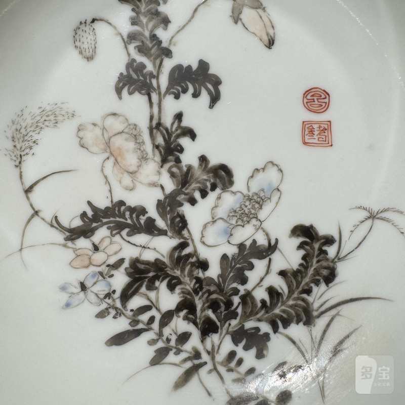 清雍正 墨彩花卉纹盘一对 - 图7